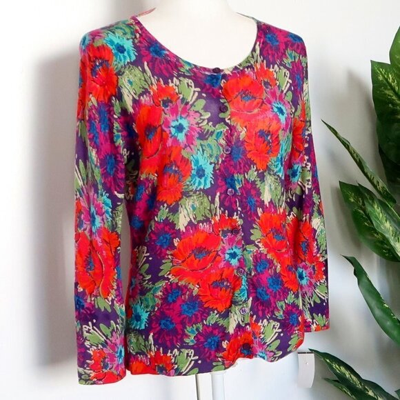 Garnet Hill 100% Merino Wool Multicolor Floral Knit Cardigan Sweater Size Small - Picture 1 of 9